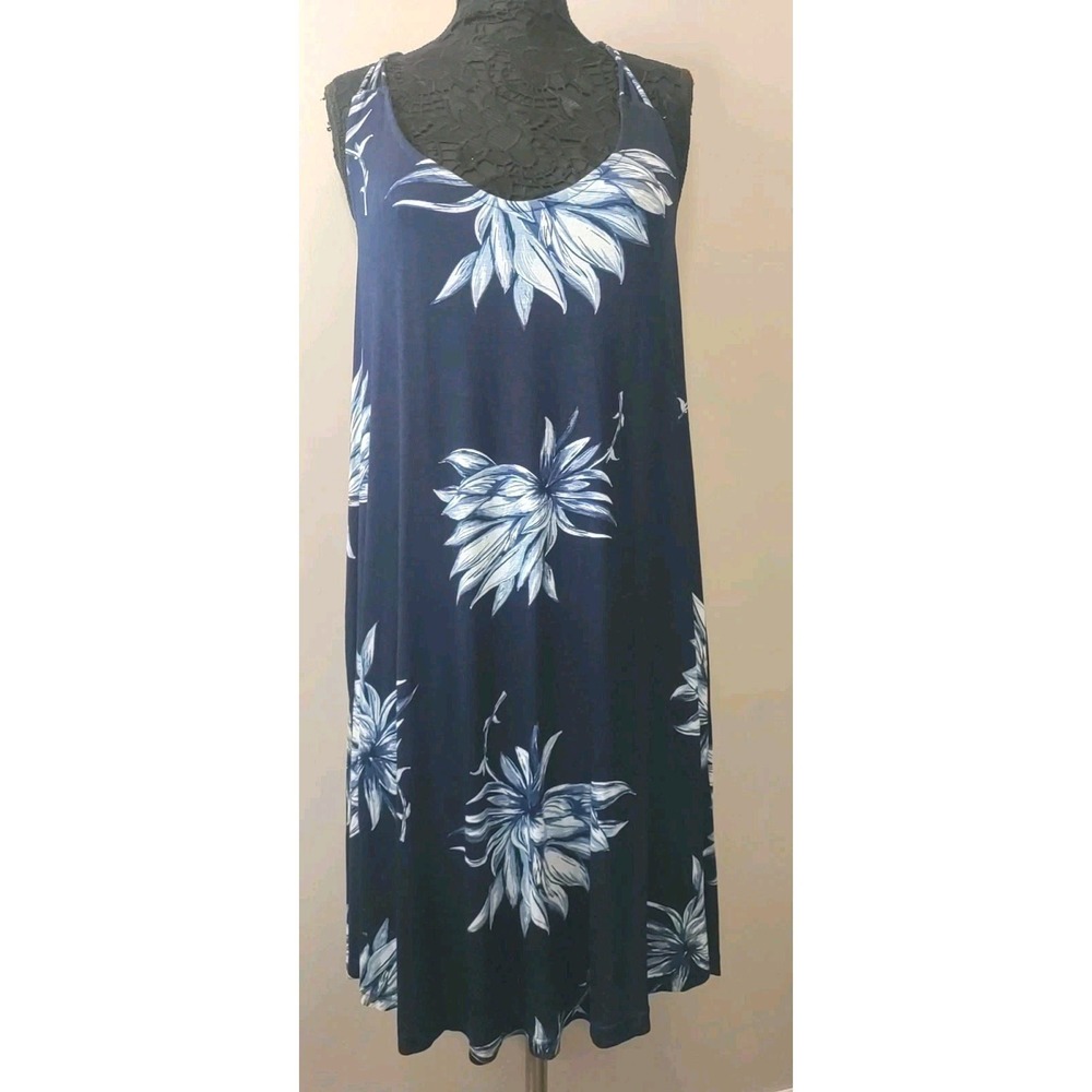 Lascana  Blue White Floral Beaded Racer Back Beach Cover Up Casual Dress Size 12